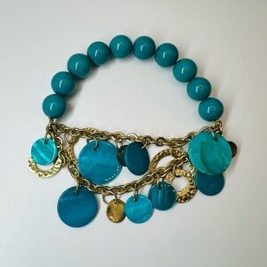 Vintage Turquoise Bead Charm Bracelet Gold Tone Statement Jewelry